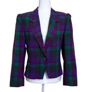 Country Suburbans Womens Wool Plaid Blazer Vintage 80s 90s Purple Green Size 8